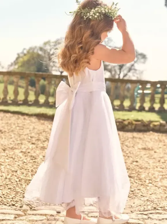Robes de demoiselle d'honneur blanches en satin blanc sans manches à col bijou