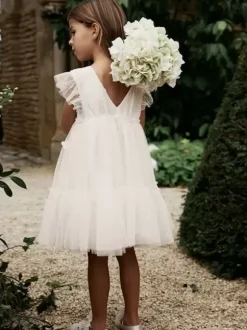 Robes de demoiselle d'honneur blanches en tulle ivoire à manches courtes et col bijou