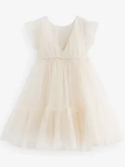 Robes de demoiselle d'honneur blanches en tulle ivoire à manches courtes et col bijou