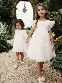 Robes de demoiselle d'honneur blanches en tulle ivoire à manches courtes et col bijou