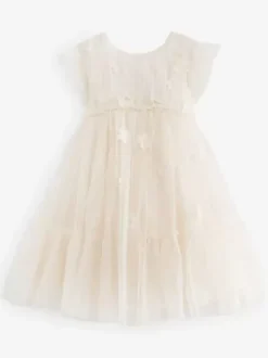 Robes de demoiselle d'honneur blanches en tulle ivoire à manches courtes et col bijou