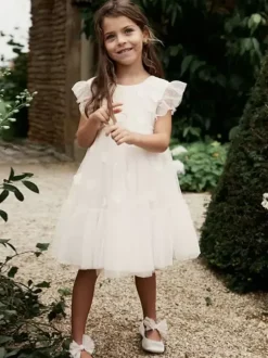 Robes de demoiselle d'honneur blanches en tulle ivoire à manches courtes et col bijou