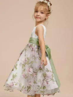 Robes de demoiselle d'honneur blanches en tissu satiné blanc sans manches à col bijou