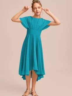 Robes de demoiselle d'honneur blanches Robes pour occasions spéciales Robes de demoiselle d'honneur en mousseline bleue à manches courtes et col bijou