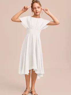 Robes de demoiselle d'honneur blanches Robes pour occasions spéciales Robes de demoiselle d'honneur en mousseline bleue à manches courtes et col bijou