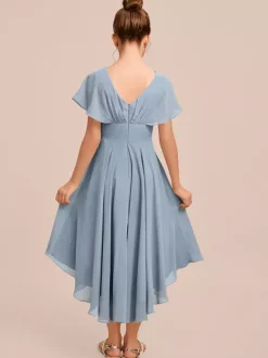 Robes de demoiselle d'honneur blanches Robes pour occasions spéciales Robes de demoiselle d'honneur en mousseline bleue à manches courtes et col bijou