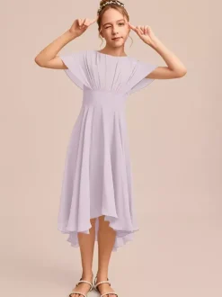 Robes de demoiselle d'honneur blanches Robes pour occasions spéciales Robes de demoiselle d'honneur en mousseline bleue à manches courtes et col bijou