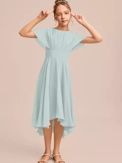 Robes de demoiselle d'honneur blanches Robes pour occasions spéciales Robes de demoiselle d'honneur en mousseline bleue à manches courtes et col bijou
