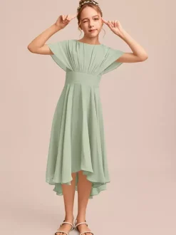 Robes de demoiselle d'honneur blanches Robes pour occasions spéciales Robes de demoiselle d'honneur en mousseline bleue à manches courtes et col bijou