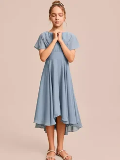 Robes de demoiselle d'honneur blanches Robes pour occasions spéciales Robes de demoiselle d'honneur en mousseline bleue à manches courtes et col bijou