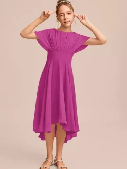 Robes de demoiselle d'honneur blanches Robes pour occasions spéciales Robes de demoiselle d'honneur en mousseline bleue à manches courtes et col bijou