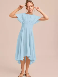 Robes de demoiselle d'honneur blanches Robes pour occasions spéciales Robes de demoiselle d'honneur en mousseline bleue à manches courtes et col bijou
