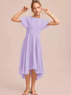 Robes de demoiselle d'honneur blanches Robes pour occasions spéciales Robes de demoiselle d'honneur en mousseline bleue à manches courtes et col bijou