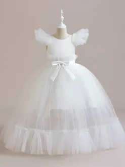 Robes de demoiselle d'honneur blanches robes d'occasion spéciale en polyester rose manches courtes col bijou robes de demoiselle d'honneur
