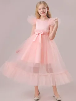 Robes de demoiselle d'honneur blanches robes d'occasion spéciale en polyester rose manches courtes col bijou robes de demoiselle d'honneur