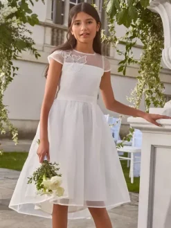 Robes de demoiselle d'honneur blanches en polyester blanc à manches courtes et col bijou