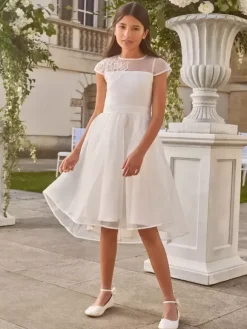 Robes de demoiselle d'honneur blanches en polyester blanc à manches courtes et col bijou