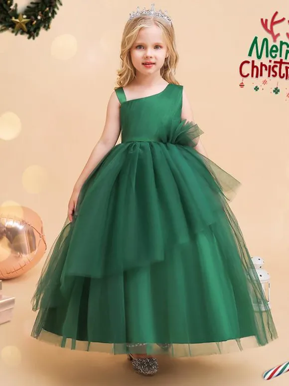 Robes de demoiselle d'honneur vertes de Noël en tulle sans manches avec décolleté conçu