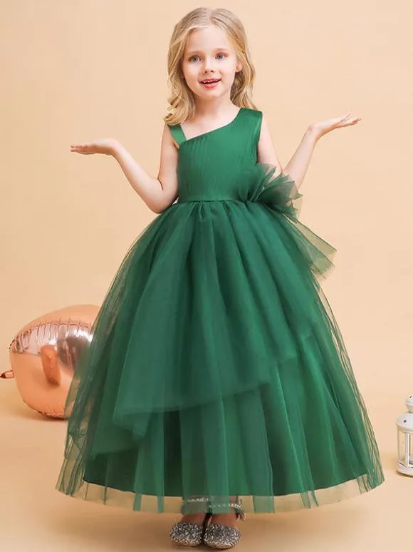Robes de demoiselle d'honneur vertes de Noël en tulle sans manches avec décolleté conçu