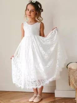 Robes de demoiselle d'honneur blanches en tulle ivoire sans manches à col bijou