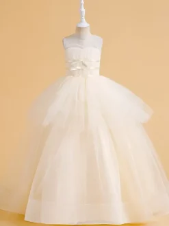 Robes de demoiselle d'honneur blanches robes d'occasion spéciale en Tulle Champagne sans manches col bijou robes de demoiselle d'honneur