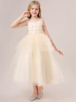 Robes de demoiselle d'honneur blanches robes d'occasion spéciale en Tulle Champagne sans manches col bijou robes de demoiselle d'honneur