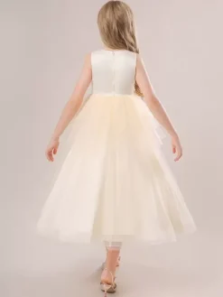 Robes de demoiselle d'honneur blanches robes d'occasion spéciale en Tulle Champagne sans manches col bijou robes de demoiselle d'honneur