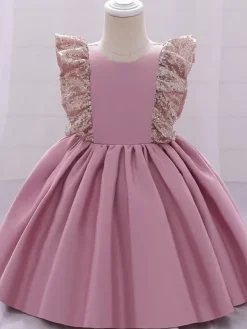 Robes de demoiselle d'honneur blanches robes d'occasion spéciale en polyester rose manches courtes col bijou robes de demoiselle d'honneur