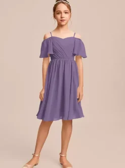 Robes de demoiselle d'honneur blanches Robes pour occasions spéciales Robes de demoiselle d'honneur en mousseline bleue à manches courtes et col bateau