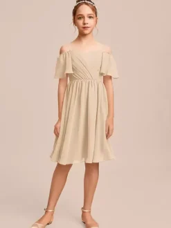 Robes de demoiselle d'honneur blanches Robes pour occasions spéciales Robes de demoiselle d'honneur en mousseline bleue à manches courtes et col bateau
