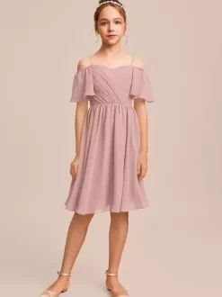 Robes de demoiselle d'honneur blanches Robes pour occasions spéciales Robes de demoiselle d'honneur en mousseline bleue à manches courtes et col bateau