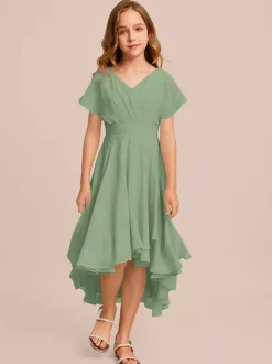 Robes de demoiselle d'honneur blanches Robes pour occasions spéciales Robes de demoiselle d'honneur à manches courtes et col en V en mousseline de soie vert menthe