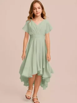 Robes de demoiselle d'honneur blanches Robes pour occasions spéciales Robes de demoiselle d'honneur à manches courtes et col en V en mousseline de soie vert menthe