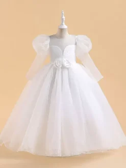 Robes de demoiselle d'honneur blanches robes d'occasion spéciale dentelle jaune manches longues col bijou robes de demoiselle d'honneur