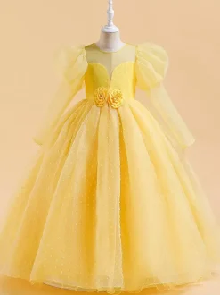 Robes de demoiselle d'honneur blanches robes d'occasion spéciale dentelle jaune manches longues col bijou robes de demoiselle d'honneur