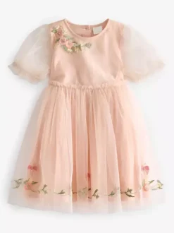 Robes de demoiselle d'honneur de mariage Robes d'occasion spéciale Manches courtes rose pâle brodées