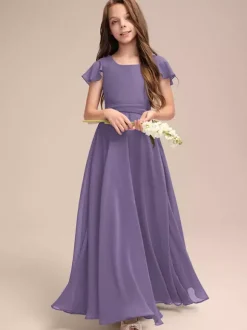 Robes de demoiselle d'honneur blanches Robes pour occasions spéciales Robes de demoiselle d'honneur en mousseline bleue à manches courtes et col bijou