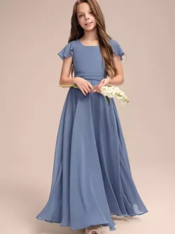 Robes de demoiselle d'honneur blanches Robes pour occasions spéciales Robes de demoiselle d'honneur en mousseline bleue à manches courtes et col bijou