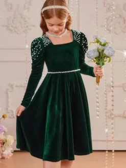 Robes de demoiselle d'honneur de mariage Robes pour occasions spéciales Émeraudes Manches longues Perles