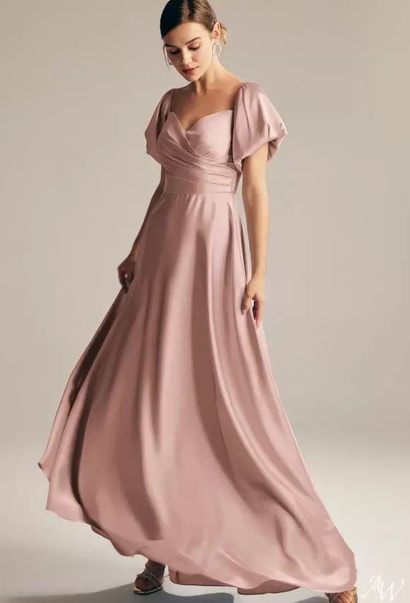 Robes de demoiselle d'honneur trapèze longueur au sol fermeture éclair robe de bal en tissu satiné