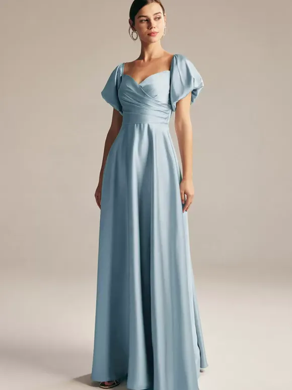 Robes de demoiselle d'honneur trapèze longueur au sol fermeture éclair robe de bal en tissu satiné