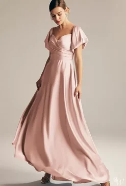 Robes de demoiselle d'honneur trapèze longueur au sol fermeture éclair robe de bal en tissu satiné