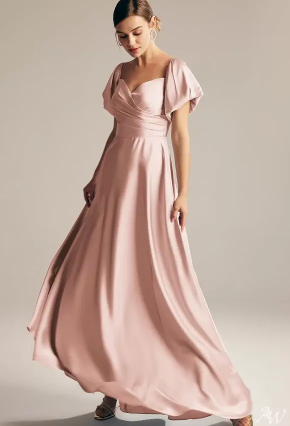 Robes de demoiselle d'honneur trapèze longueur au sol fermeture éclair robe de bal en tissu satiné