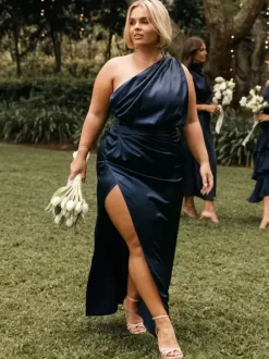 Robes de demoiselle d'honneur en soie élastique comme du satin robe de bal longueur cheville robe de soirée de mariage