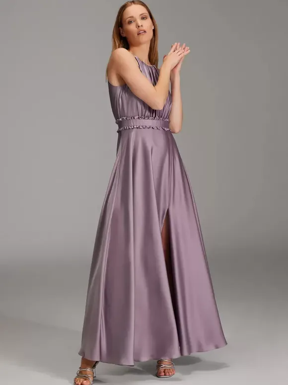 Robes de demoiselle d'honneur en soie élastique comme du satin robe de bal trapèze longueur au sol
