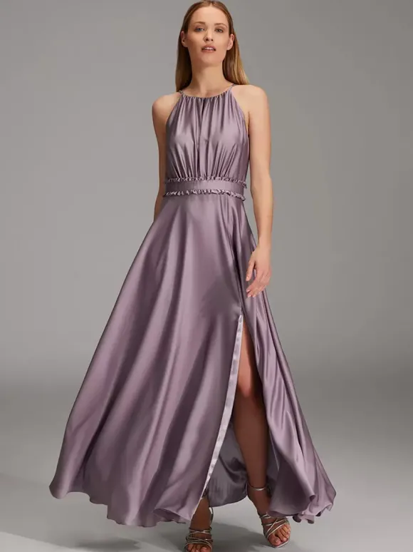Robes de demoiselle d'honneur en soie élastique comme du satin robe de bal trapèze longueur au sol