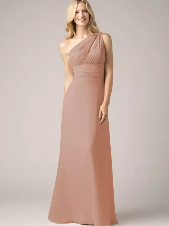 Robes de demoiselle d'honneur champagne en mousseline de soie dos nu froncé robe de bal trapèze