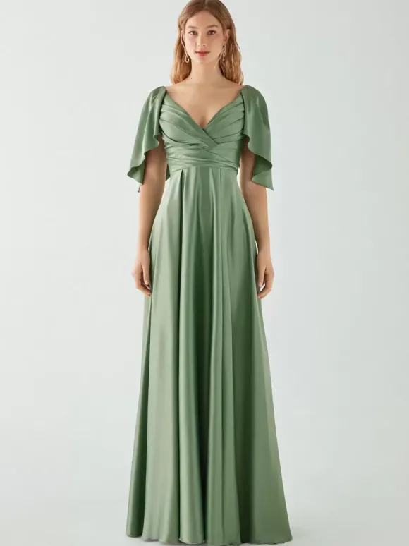 Robes de demoiselle d'honneur trapèze longueur au sol fermeture éclair élastique en soie comme satin robe de soirée de mariage