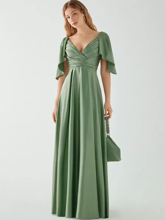 Robes de demoiselle d'honneur trapèze longueur au sol fermeture éclair élastique en soie comme satin robe de soirée de mariage