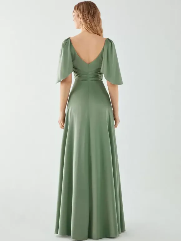 Robes de demoiselle d'honneur trapèze longueur au sol fermeture éclair élastique en soie comme satin robe de soirée de mariage